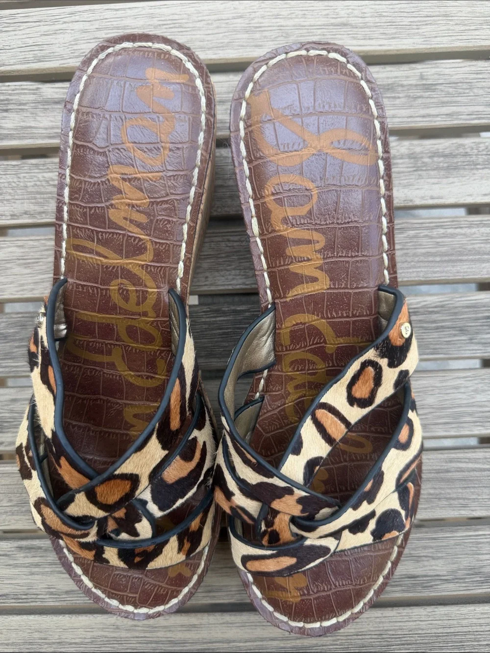 Sam Edelman Raynere Leopard Calf Hair Cork Wedge Sandals Size 7